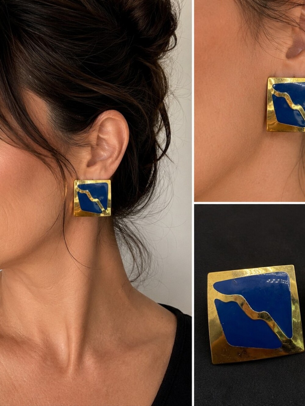 Vintage Blue Enamel Gold Tone Square Clip On Earrings 1.75” Statement